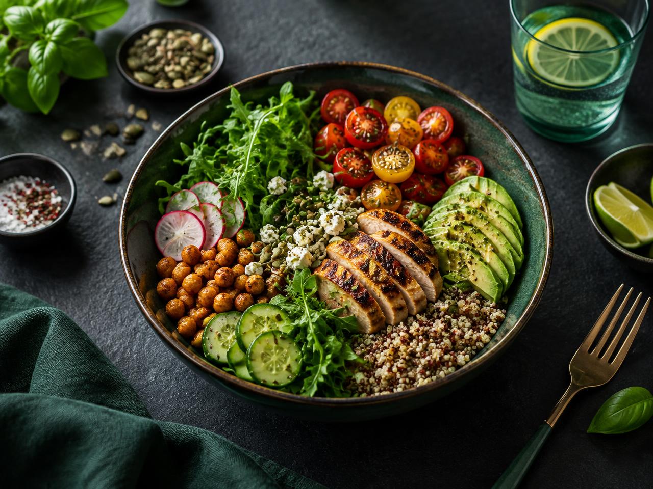 Prato equilibrado com folhas verdes, legumes, grãos e proteína